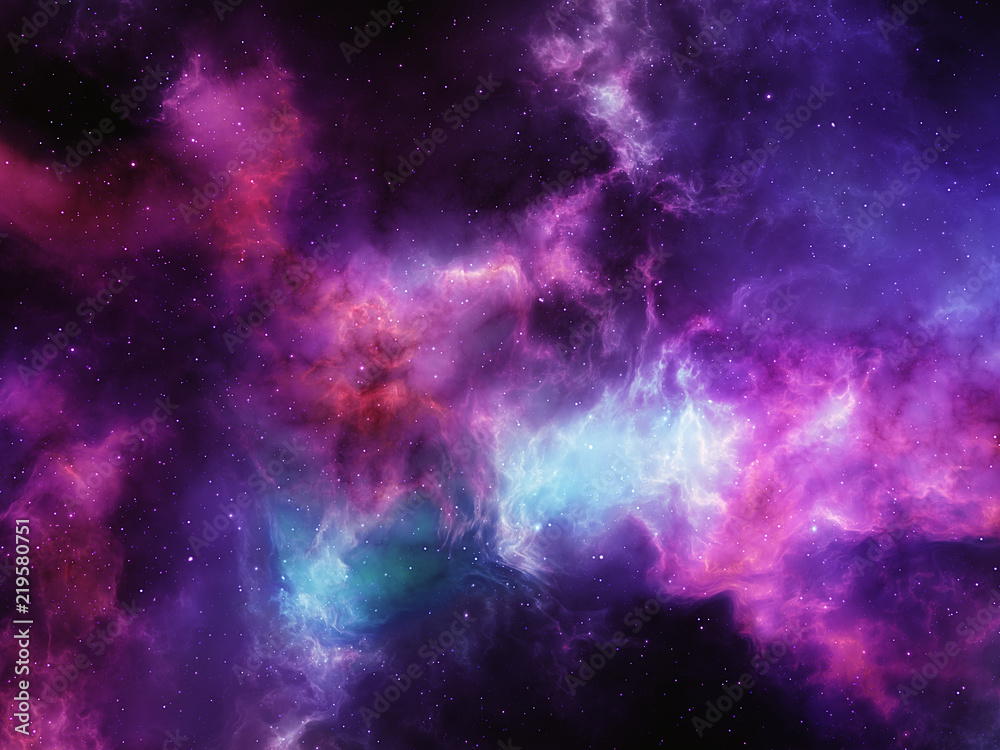 Pink nebula clouds, blue glowing gaz with stars, background illustration of outer space
