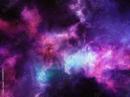 Pink nebula clouds  blue glowing gaz with stars  background illustration of outer space