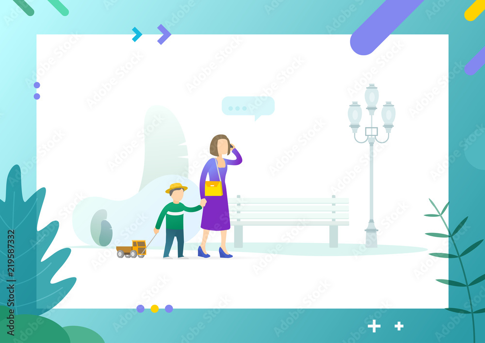 Family calmly walking in park together, mother holding hand of son pulling truck toy, female and little kid passing bench, lantern vector illustration. Conceptual Web template.