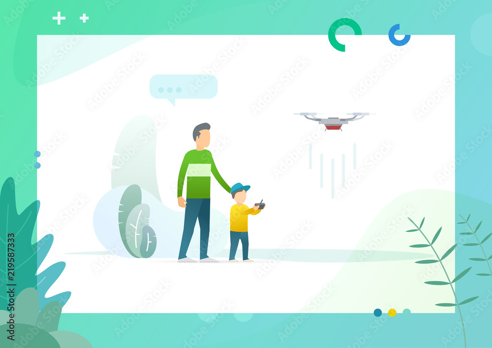 Father walking with son, playing game on drone on remote control, frame having floral elements and branches of trees, bushes vector illustration. Conceptual Web template.