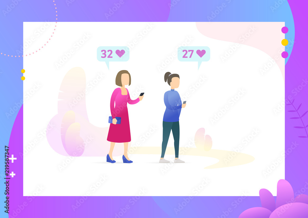 Two Girls checking social network. Female blogger holding mobile phone. Social network addiction. Conceptual Modern and Trendy colorful illustration for landing page. Web template. Two Girls checking social network. Female blogger holding mobile phone. Social network addiction. Conceptual Modern and Trendy colorful illustration for landing page. Web template.