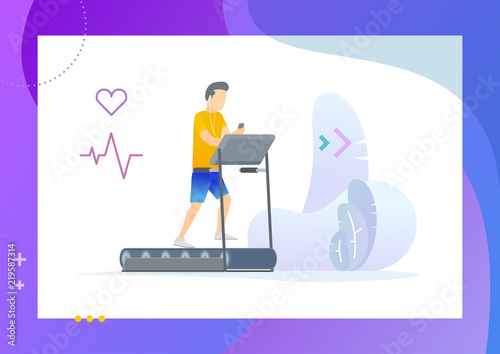 Young man in a sporty uniform is running on a treadmill and listen to music. Conceptual Modern and Trendy colorful vector illustration for landing page. Web template.