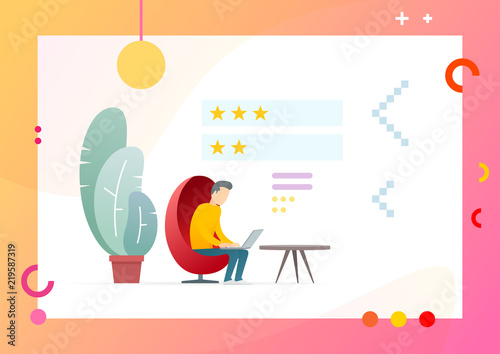 Man writing feedback message, evaluate rate of service putting rate golden stars, male in armchair typing at home near big plant in pot vector critic reviewer. Conceptual Web template.