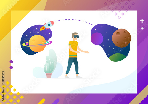 Man in virtual reality glasses explore outer space vector illustration of male in VR headgear and cosmic planets on screen of digital tablet device isolated. Conceptual Web template.