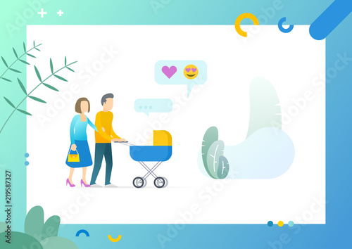Happy couple mother and father carrying newborn child in pram on screen of tablet, likes and happy emoji symbols on picture vector young family isolated. Conceptual Web template.