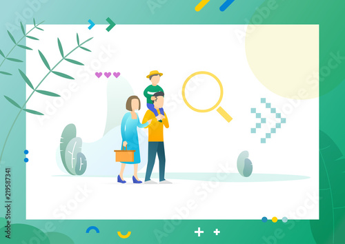 Family spending free time walking in park, woman and husband carrying kid sitting on neck, green trees behind people in frame vector illustration. Conceptual Web template.