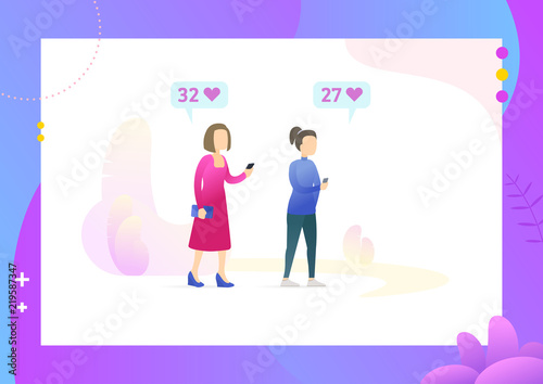 Two Girls checking social network. Female blogger holding mobile phone. Social network addiction. Conceptual Modern and Trendy colorful illustration for landing page. Web template.
