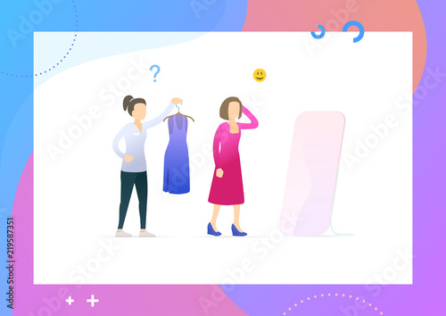 Women's shopping. Seller-consultant helps customers. The girl is trying on a new dress in the store.  Conceptual Modern and Trendy colorful vector illustration for landing page. Web template.