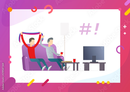 Sport soccer party arranged by men in apartment, friends drinking beer and watching translation of game on television at home vector illustration. Conceptual Web template.