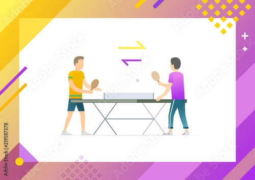 Sport team in process of playing table tennis with help of wooden rackets, ping-pong tournament of professional players framed vector illustration. Conceptual Web template.