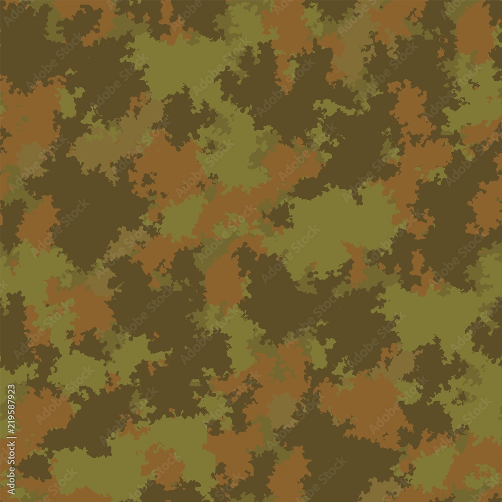 Fashion camo khaki woodland classic color forest swamp woods quagmire  seamless pattern. Vector seamless pattern camouflage design. Moss woodland  seamless vector camo. Camouflage fabric pattern. Stock Vector