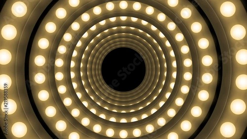 Tunnel Incandescent light bulb box frame circle shape moving pattern, retro 3D virtual style illustration glow in dark background seamless looping animation 4K, with copy space