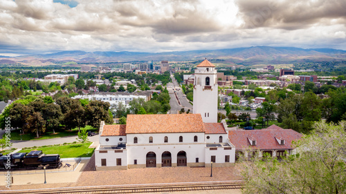Capital boulevard in Boise Idaho with depot and city skyline
