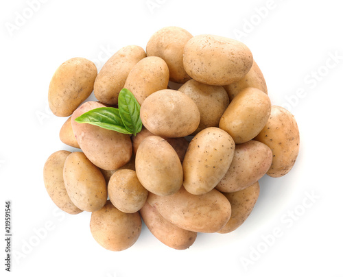 Fresh ripe organic potatoes on white background  top view
