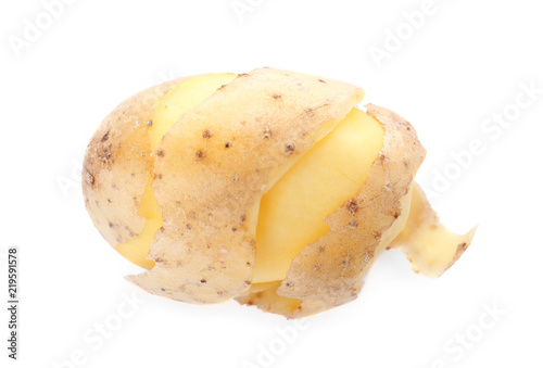 Ripe half-peeled organic potato on white background