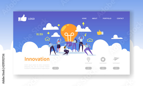 Website Development Landing Page Template. Mobile Application Layout with Flat Business People Holding Light Bulbs. Innovation Idea Concept. Easy to Edit and Customize. Vector illustration