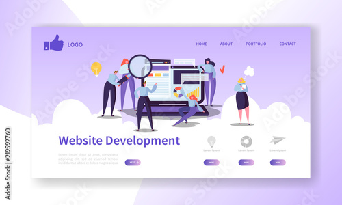 Website Development Landing Page Template. Mobile Application Layout with Flat People Characters and Laptop. Easy to Edit and Customize. Vector illustration