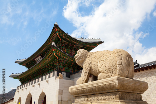 A Haechi in Front of Gwanghwamun Gate in Seoul, South Korea photo