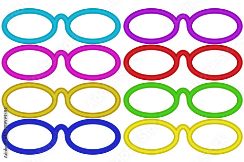 Gafas de diferentes colores sobre fondo blanco.