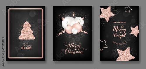 vector collection of elegant merry christmas cards with shining rose gold glitter christmas balls star christmas tree flyer and new year brochure 2019