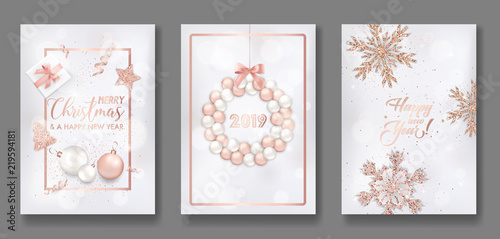 Set of Elegant Merry Christmas and New Year 2019 Cards with Shining Rose Gold Glitter Christmas Balls, Stars, Snowflakes for greetings, invitation, flyer, brochure, cover in vector