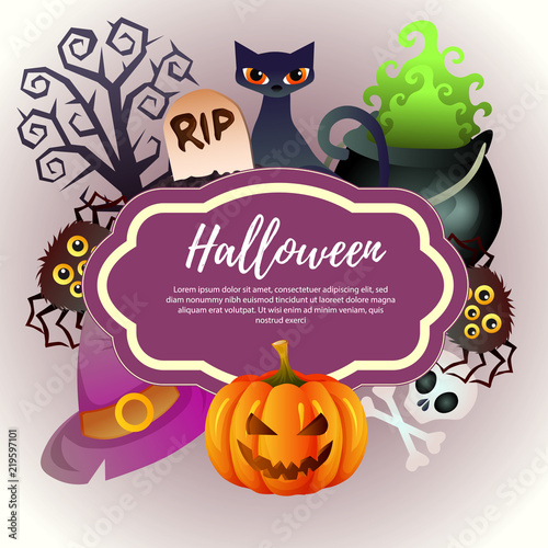 template helloween with witch magic pot pumpkin skull