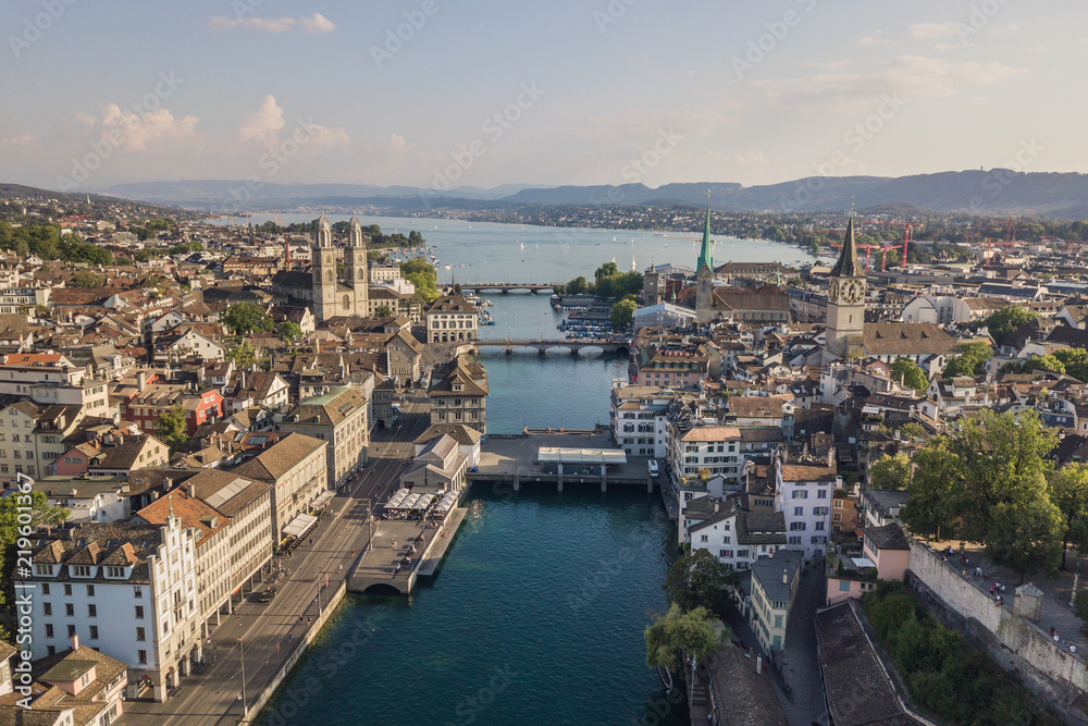 Cityscape of Zurich, the biggest city of Switzerland. Aerial view