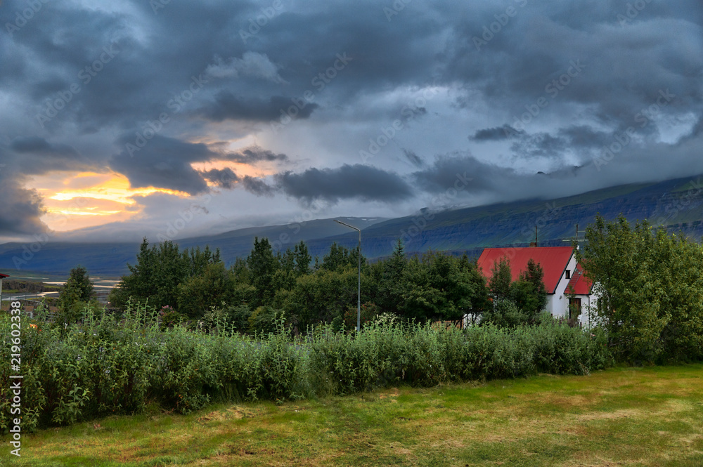 Farm house red roof sunset iceland
