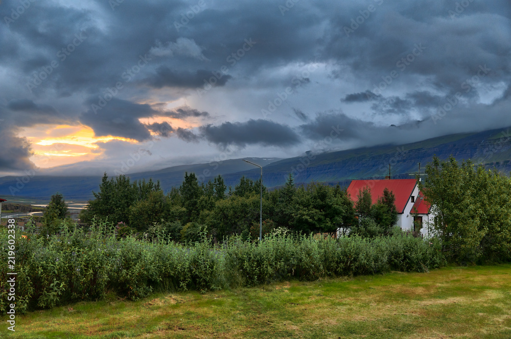 Farm house red roof sunset iceland Farm house red roof sunset iceland
