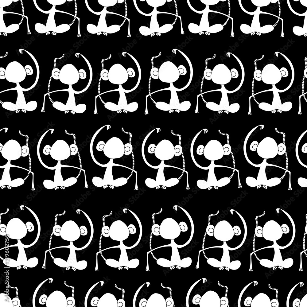 Fototapeta premium Monkey silhouettes white on black seamless pattern background. Meditating monkeys. Great for kids market, kids decor, boys, fabric design, wallpaper, scrap booking. Vector surface pattern design.