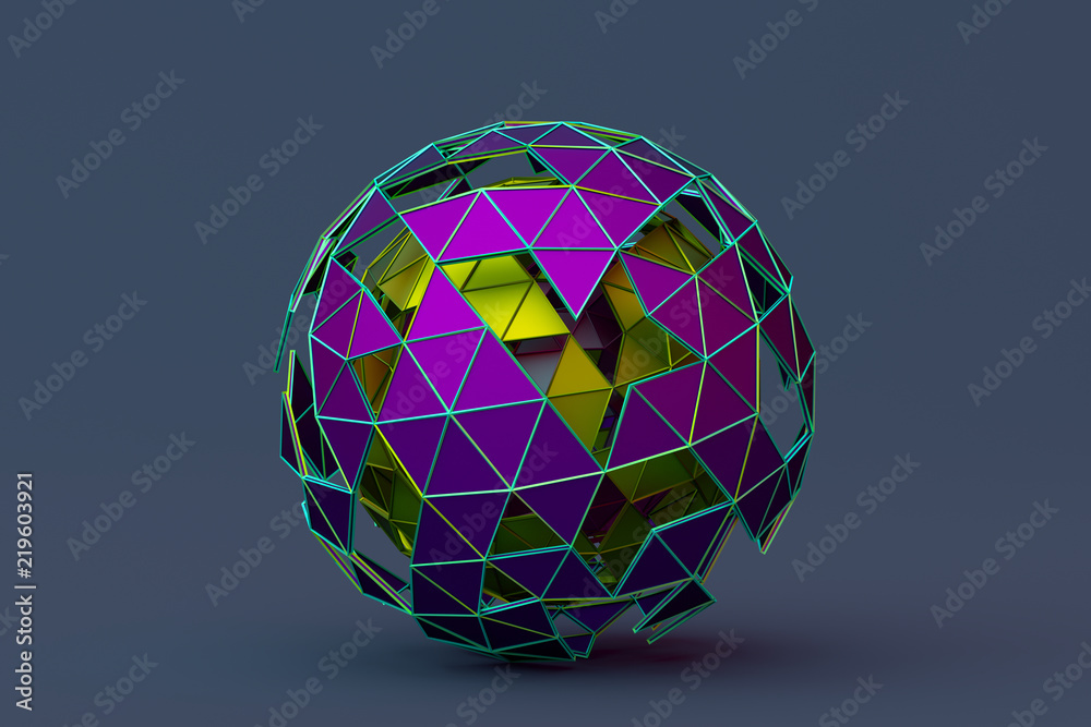 Abstract 3d rendering of polygonal sphere. Geometric shape, futuristic modern background design for poster, cover, branding, banner, placard. Abstract 3d rendering of polygonal sphere. Geometric shape, futuristic modern background design for poster, cover, branding, banner, placard.