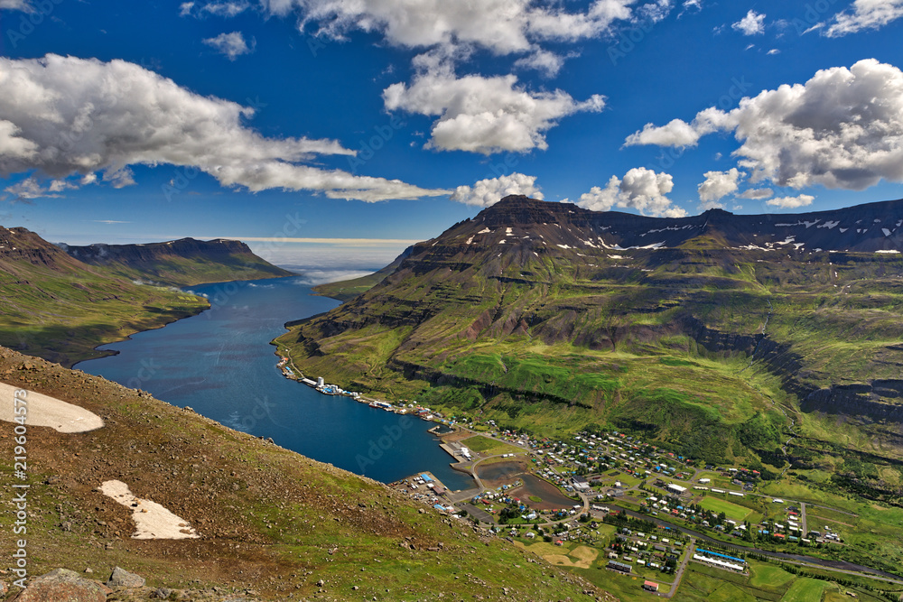 A view from the mountaintop looking down into Seydisfjordur Fjord Area
