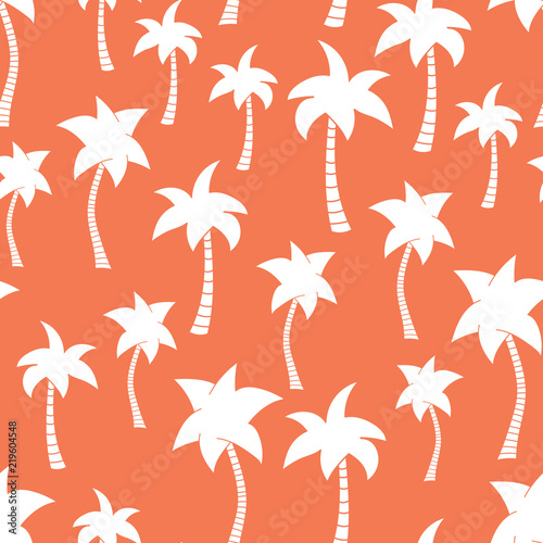 Palm tree silhouettes seamless vector pattern background. White tropical palm trees on peach. Great for web banner, fabric, paper, beach, advertisement, summer party, vacation, invitation, menue, girl