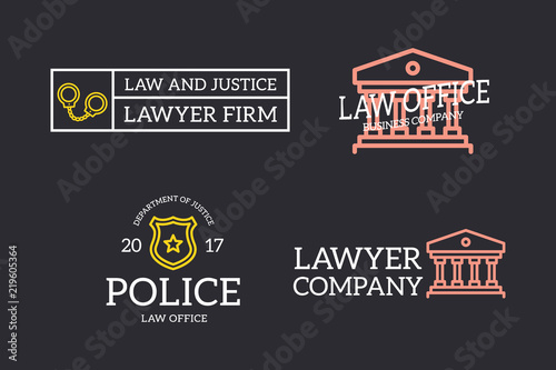 Set of retro vintage judge, sheriff star badge, handcuffs, column logo or insignia, emblems, labels and badges and other branding objects. Vector line style
