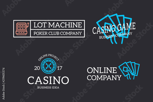 Set of retro vintage jackpot slot machine, roulette, game cards, fortune wheel logo or insignia, emblems, labels and badges and other branding objects. Vector line style