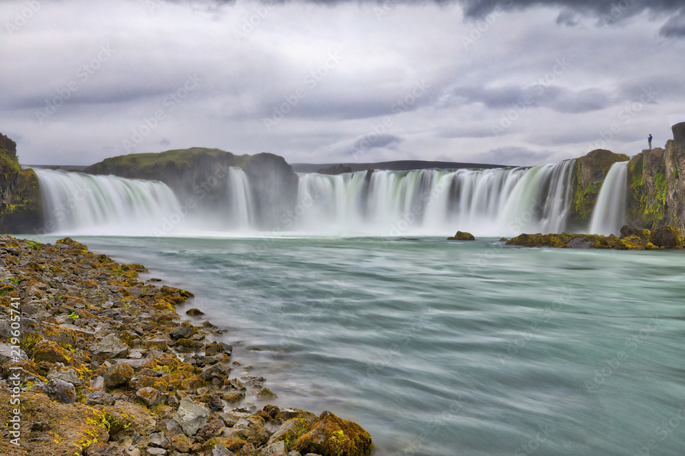 Godafoss Waterfalls Blue Green Water Cloudy Sky Godafoss Waterfalls Blue Green Water Cloudy Sky