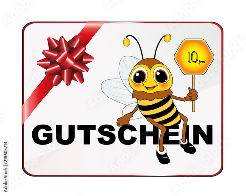 Biene mit Gutschein über 10,- Wert, Gutschein für Imkerei, 
Vektor Illustration isoliert auf weißem Hintergrund