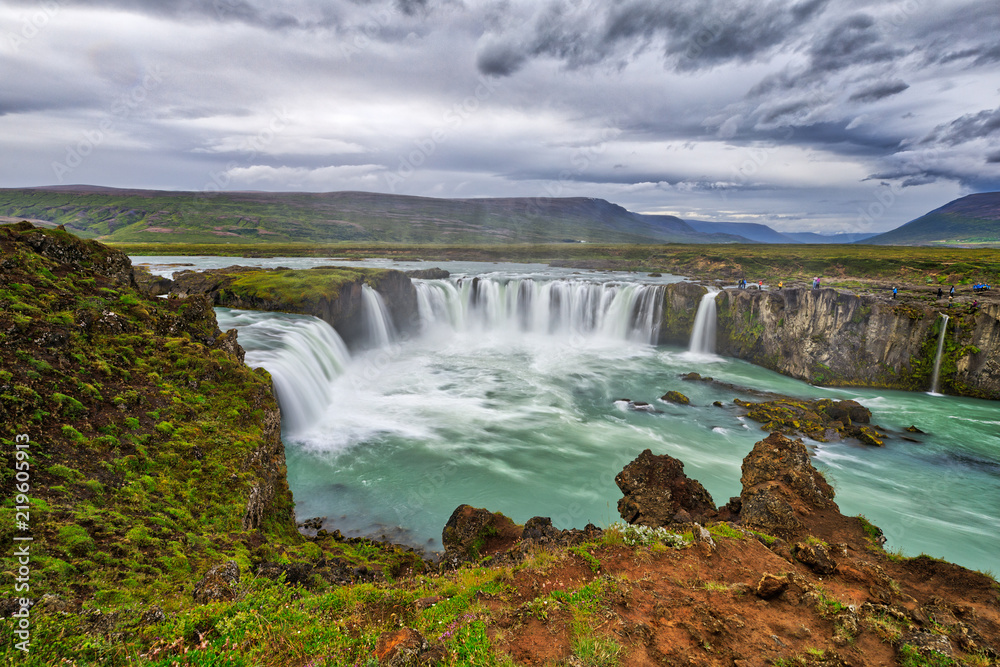 Godafoss Waterfalls Blue Green Water Cloudy Sky Godafoss Waterfalls Blue Green Water Cloudy Sky