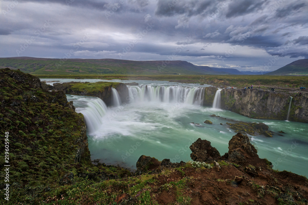 Godafoss Waterfalls Blue Green Water Cloudy Sky