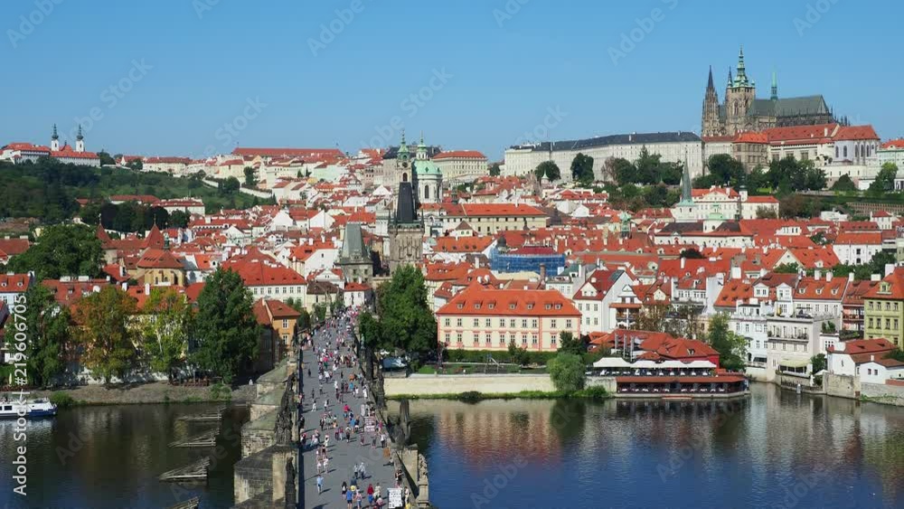 View over Vltava River and Charles Bridge towards Lesser Town and Castle, Prague, Bohemia Region, Czech Republic