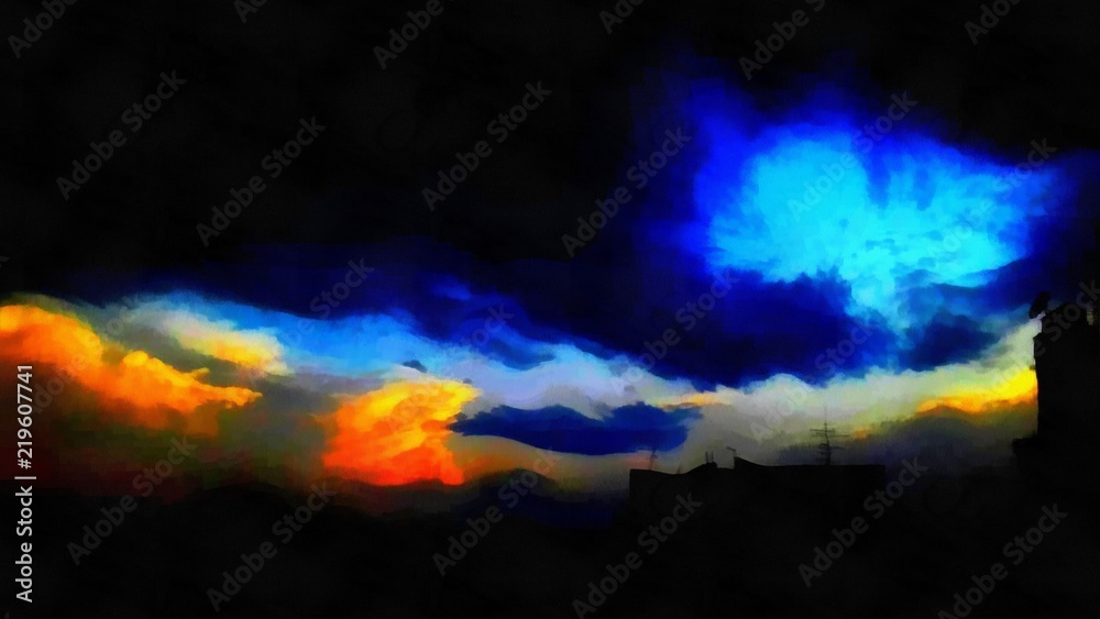 Oil painting. Art print for wall decor. Acrylic artwork. Big size poster. Watercolor drawing. Modern style fine art. Painting for sale. Beautiful nature landscape. Wonderful dark sunset. Charming view