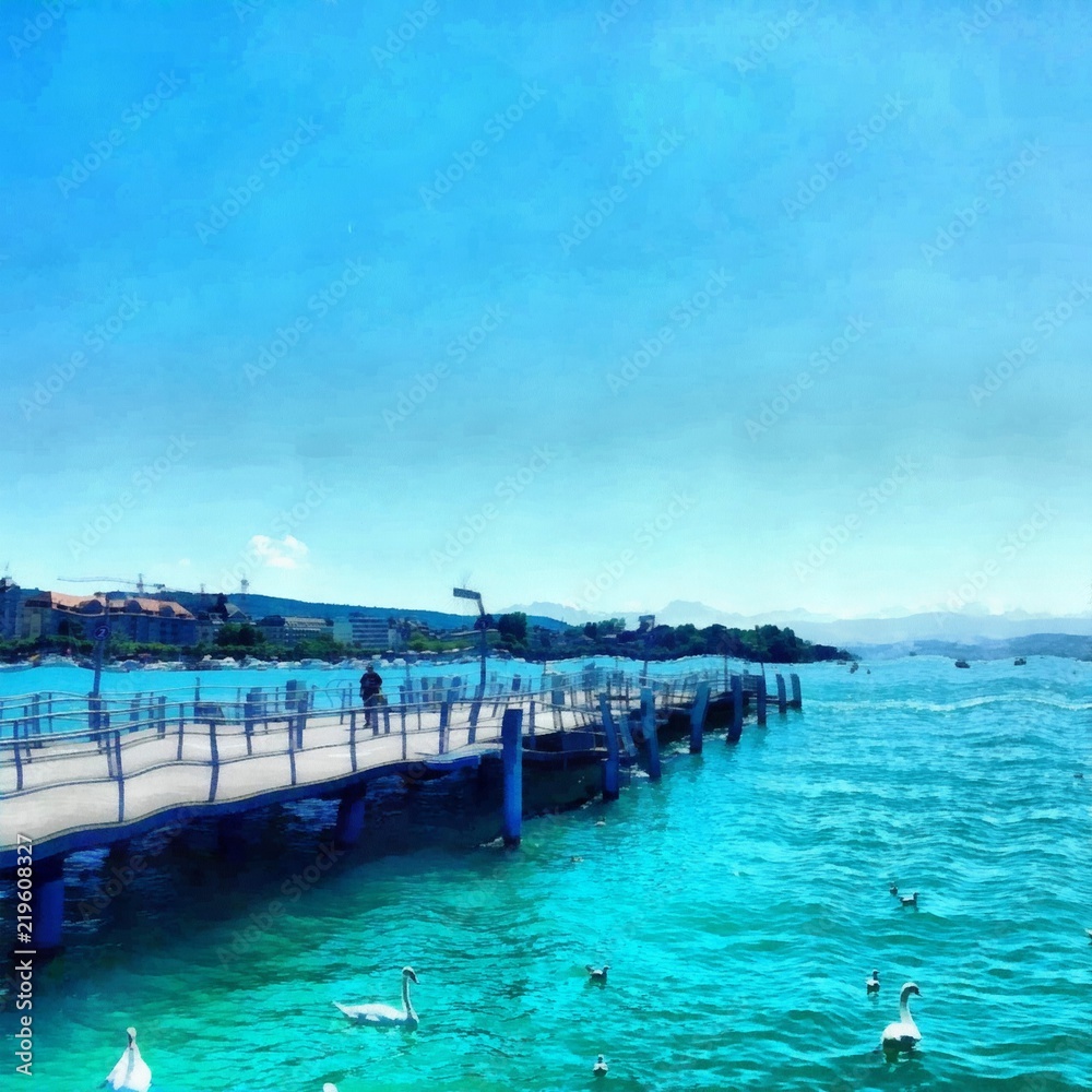 Oil painting. Art print for wall decor. Acrylic artwork. Big size poster. Watercolor drawing. Modern style fine art. Painting for sale. Beautiful landscape. Wonderful sea view. Bridge to azure water.