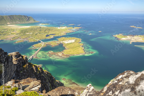 Aerial view on wonderful bridges of Lofoten Islands, Norway