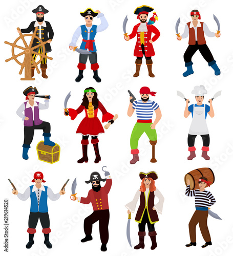 Pirate vector piratic character buccaneer man in pirating costume in hat with sword illustration set of piracy sailor person isolated on white background