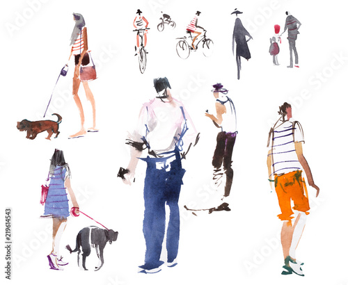 Different types of walking people Watercolor illustration Quick sketch drawing.