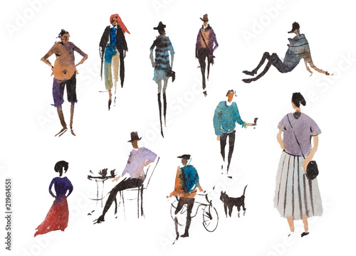 Different types of walking people Watercolor illustration Quick sketch drawing.