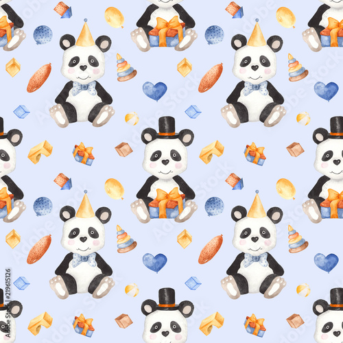 Fototapeta Naklejka Na Ścianę i Meble -  Watercolor pattern with panda and toys. Watercolor illustration with a cute animal for a children's birthday, invitations, postcards, baby shower card.
