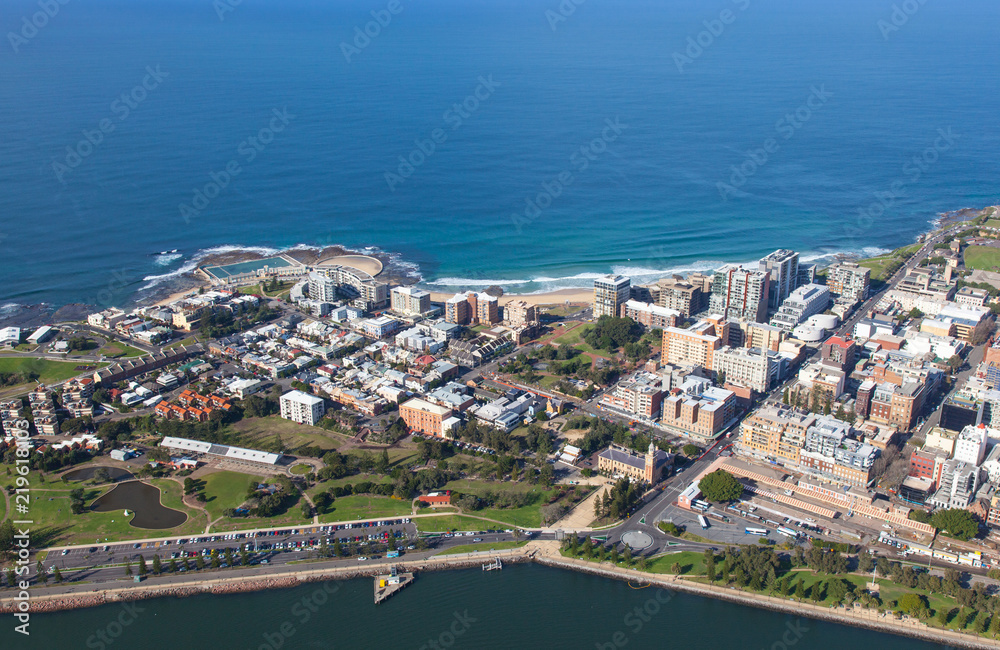 Aerial view of Newcastle CBD and Newcastle beach. Newcastle NSW second largest city is boarded by the Hunter River and the Pacific Ocean