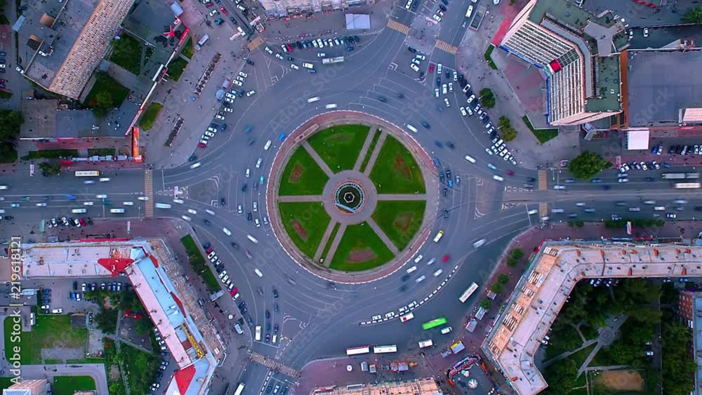 Time lapse aerial shot of busy roundabout during rush hour in Novosibirsk