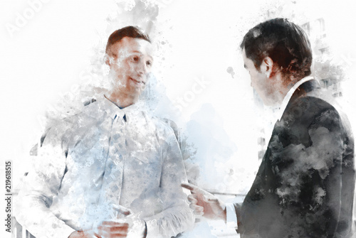 Abstract two business man talking business company on watercolor illustration painting background.